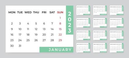 Monthly desk calendar template for 2023 year. Week starts on Monday vector