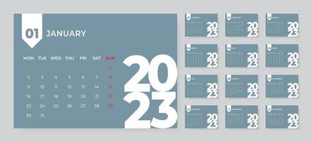 Monthly desk calendar template for 2023 year. Week starts on Monday vector