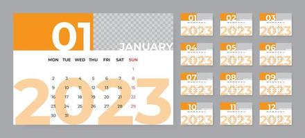 Monthly desk calendar template for 2023 year. Week starts on Monday vector