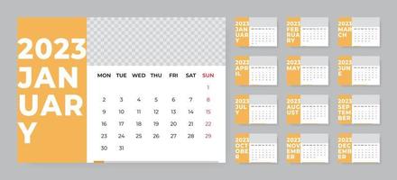 Monthly desk calendar template for 2023 year. Week starts on Monday vector