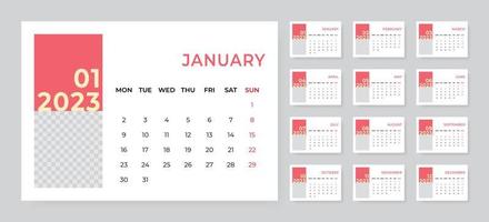 Monthly desk calendar template for 2023 year. Week starts on Monday vector