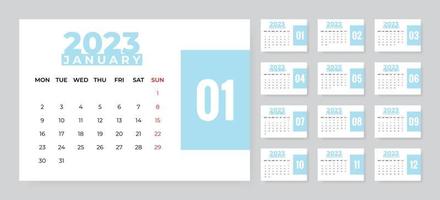 Monthly desk calendar template for 2023 year. Week starts on Monday vector