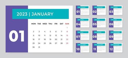 Monthly desk calendar template for 2023 year. Week starts on Monday vector