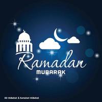 Ramadan Mubarak Simple Typography with Moon and Abstract Mosque Dome on Dark Blue Background vector