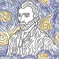 Seamless hand-drawn pattern with Van Gogh and a sky with stars. Abstract watercolor background with artist. vector