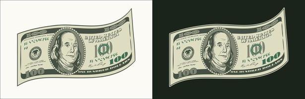 Wavy bent american 100 dollar banknote with front side. Falling, flying banknote. Cash money. Detailed vector illustration