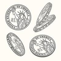 conjunto de monedas giratorias de un dólar con la estatua de la libertad. conjunto de dinero ilustración vectorial aislada. vector
