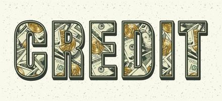 Word Credit with pattern of 100 US dollar bills, gold one dollar coins inside of letters. Volumetric appearance of text. Vector isolated illustration