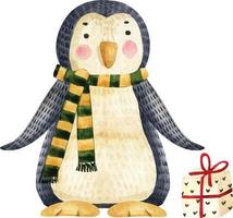 bird penguin with a gift cartoon character, watercolor. vector