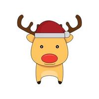 Cute christmas reindeer in flat style. Illustration of a Christmas reindeer wearing a Santa Claus hat on a white background. vector