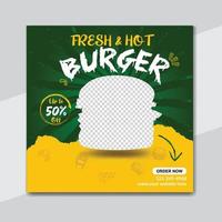 deliciosa hamburguesa y menú de comida diseño de plantilla de banner de redes sociales vector