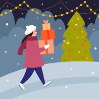 la niña lleva regalos para navidad. una mujer camina con regalos en las manos. escena navideña de invierno con árbol de navidad y regalos.