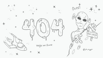 a black and white page for the design of a web application error 404 big numbers a big alien looks out from behind the planet a doodle style drawing vector