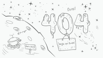 página en blanco y negro para el diseño de la aplicación web error 404 grandes números en el planeta espacial y dibujo de estilo robot doodle vector