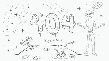 una página en blanco y negro para el diseño de una aplicación web error 404 números grandes un extraterrestre levanta las manos sin entender nada dibujando al estilo de un garabato vector