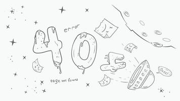 black and white page for the design of the web application error 404 ufo steals large numbers doodle style drawing