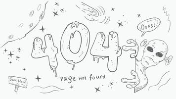 a black and white page for the design of a web application error 404 large numbers an alien looks out from behind the page on the background of stars a doodle-style drawing vector