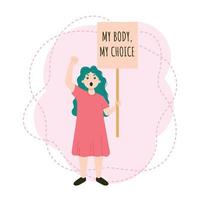 chica que protesta con un cartel mi cuerpo, mi elección. vector