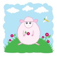 Cute lamb on a meadow with a flower. vector