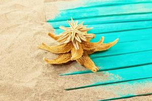 Starfish on top of each other in the form of Christmas tree on sand with blue boards. Concept New Year, vacation, beach. Copy space photo