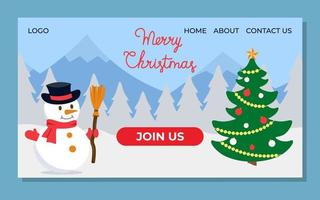 Concept Of Merry Christmas Landing With Snowman And Tree Vector Illustration In Flat Style