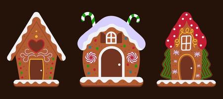Collection Of Colorful Gingerbread Houses For Christmas Decoration Vector Illustration In Flat Style