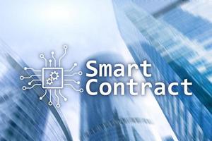 Smart contract, blockchain technology in business, finance hi-tech concept. Skyscrapers background photo