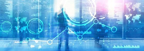 Business interface mixed media double exposure financial chart graph diagram and icon on virtual screen. Innovation concept photo