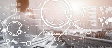 Business interface mixed media double exposure financial chart graph diagram and icon on virtual screen. Innovation concept photo