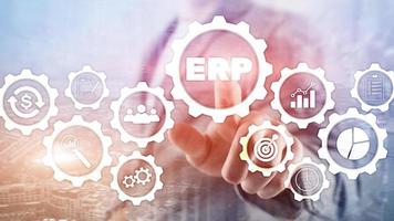 sistema erp, planificación de recursos empresariales en un fondo borroso. concepto de innovación y automatización empresarial foto