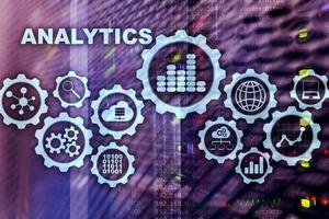 Technology Analytics concept on virtual screen. Big data with graph icons on a digital screen interface and a server room background photo