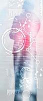 Vertical Panorama Banner. Business interface mixed media double exposure financial chart graph diagram and icon on virtual screen. Innovation concept. photo
