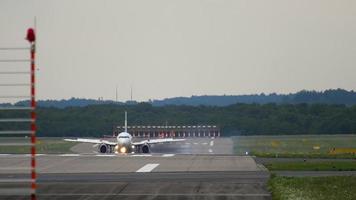 Airplane braking after landing. Dusseldorf Airport, Germany video