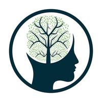 cabeza femenina con concepto de logo de árbol cerebral. diseño de concepto de mente de árbol de cerebro orgánico. vector