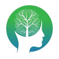 Female head with brain tree logo concept. Organic brain tree mind concept design. vector