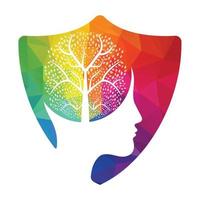 Female head with brain tree logo concept. Organic brain tree mind concept design. vector