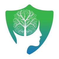 Female head with brain tree logo concept. Organic brain tree mind concept design. vector