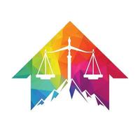 Mountains and symbols of justice. Law scale logo concept design. vector