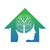 Female head with brain tree logo concept. Organic brain tree mind concept design. vector