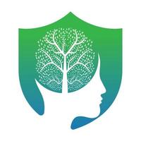 Female head with brain tree logo concept. Organic brain tree mind concept design. vector