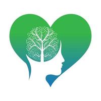 Female head with brain tree logo concept. Organic brain tree mind concept design. vector