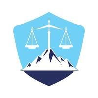 Mountains and symbols of justice. Law scale logo concept design. vector