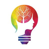 Female head with brain tree logo concept. Organic brain tree mind concept design. vector