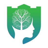 Female head with brain tree logo concept. Organic brain tree mind concept design. vector