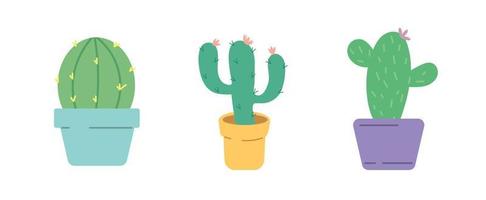 Cactus in a pot.Set of colorful cactus plants in garden pottery with hand written font. Can be used for cards, invitations or like sticker.Hand drawn doodle sketch vector illustration.
