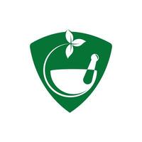 Pharmacy medical logo design. Natural mortar and pestle logotype, medicine herbal illustration symbol icon vector design.