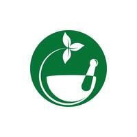 Pharmacy medical logo design. Natural mortar and pestle logotype, medicine herbal illustration symbol icon vector design.