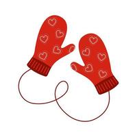 Cozy pair of knitted mittens with hearts pattern. Woolen winter gloves vector