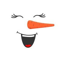 Laughing snowman face isolated on white background. Funny snow man head with closed eyes, open ha ha mouth and carrot nose. Winter holidays design vector