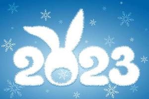 Cute fluffy white cartoon 2023 new year number with Rabbit tail and ears. Chinese new year concept vector